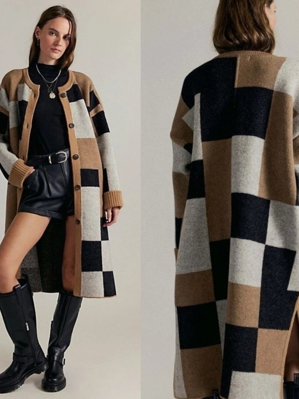 New Free People Long Checkered Knit Long Duster Cardigan Praline Combo Medium